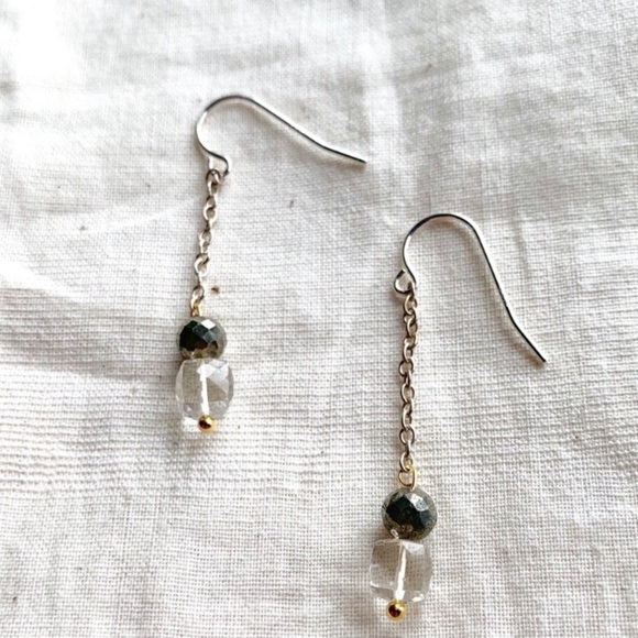 Pyrite & Quartz Stone Earrings w Sterling - Picture 1 of 4